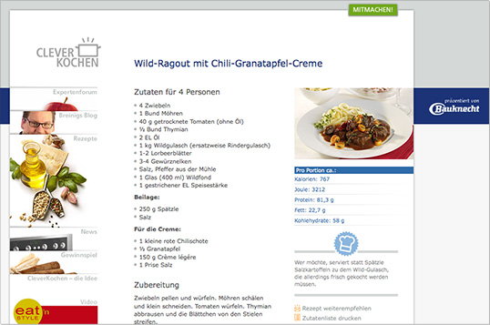 Bauknecht Deutschland, Whirlpool Europe, Microsite zur Aktion »Clever kochen«