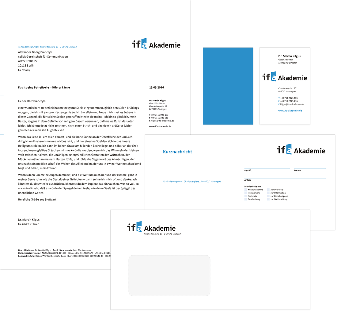 ifa Akademie Stuttgart (Institut für Auslandsbeziehungen), Geschäftsausstattung: Briefbogen, Kurzmitteilung, Briefumschlag, Visitenkarten